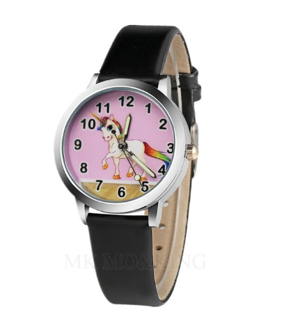 montre bracelet noir motif licorne heureuse