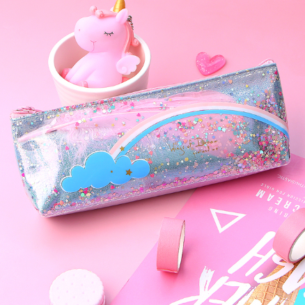 tres belle trousse transparente ecole avec paillettes arc en ciel