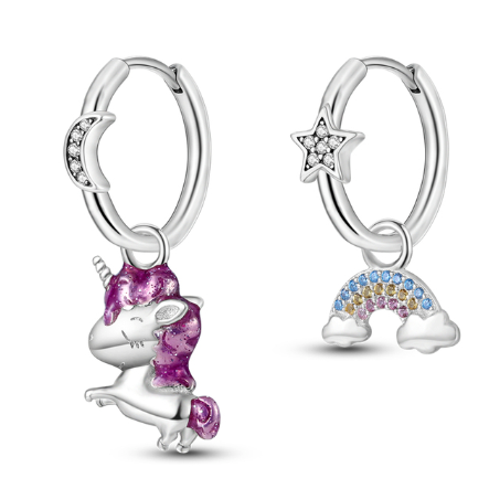 boucle d oreilles asymetrique originale fantaisie avec licorne et arc en ciel pour enfant