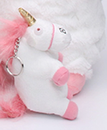 une peluche licorne blanche et rose avec des pompon