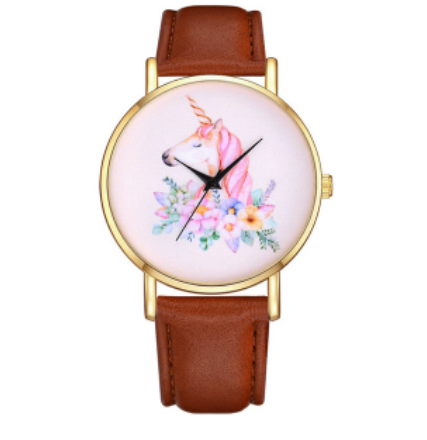 montre licorne en cuir aiguilles noires