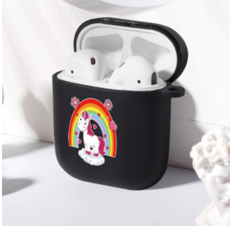 coque noire airpods licorne arc en ciel