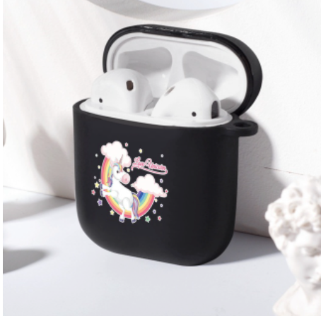 Protection etui Noir Coque AirPods Licorne pour fille, garçon, ado et adulte.