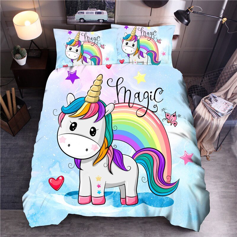 Housse de Couette Licorne Fille Arc en Ciel 90x190