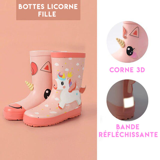 bottes de pluie licorne rose pour fille avec corne qui sort