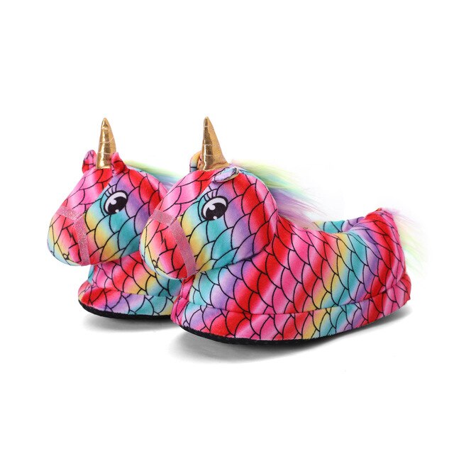 chaussons de licorne motif ecailles arc en ciel