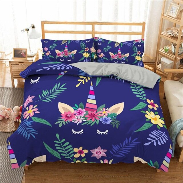 140x200 Housse de couette licorne couleur bleu fonce