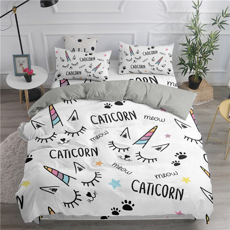 Housse de couette blanche chat licorne
