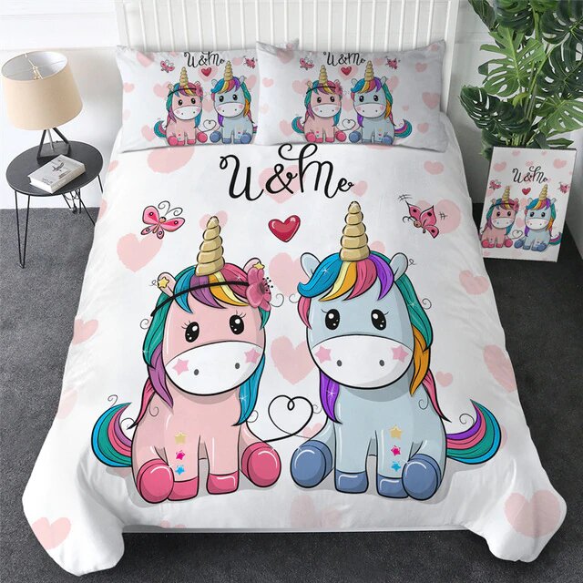housse de couette blanche avec deux licorne taille 90x190