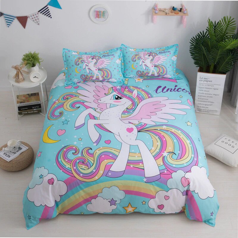 housse de couette licorne arc en ciel pour fille taille 140x200
