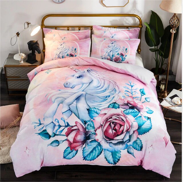 Housse de Couette licorne couleur rose avec des Fleurs