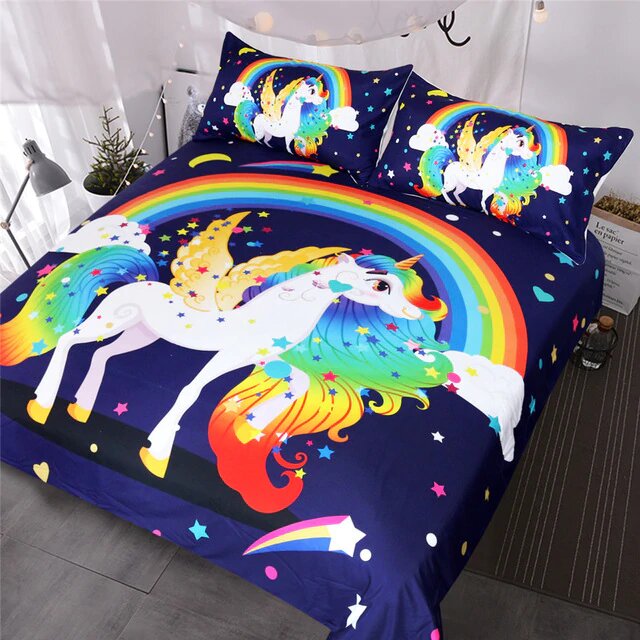 Housse de couette taille 220 sur 240 style licorne arc en ciel