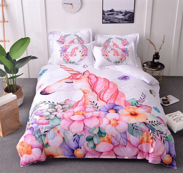 Housse de couette 140x200 fleurie style licorne