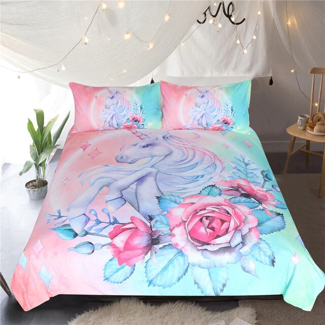 housse de couette licorne taille 220x240 couleur rose et bleu