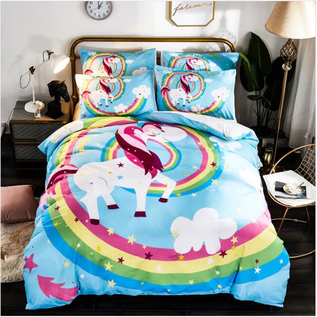 taille 140x200 de la Housse de couette licorne avec un tourbillon arc en ciel