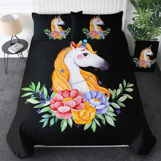 housse de couette licorne noir taille 1 place 90x190