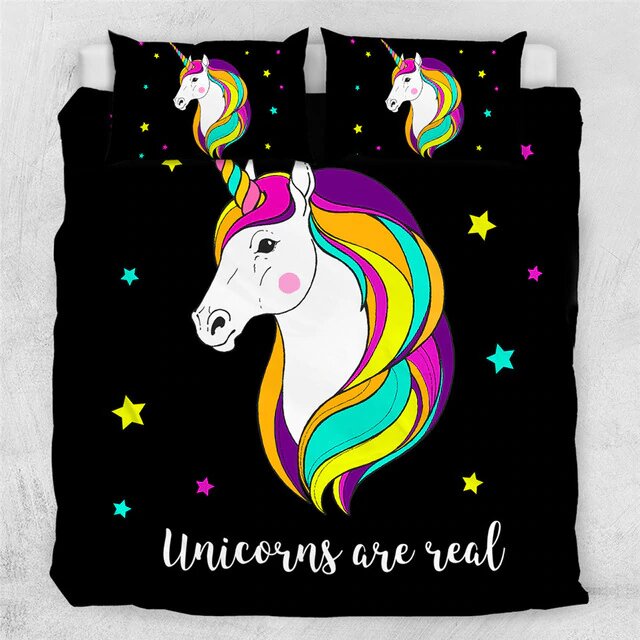 housse de couette couleur noir licorne arc en ciel taille 200x200