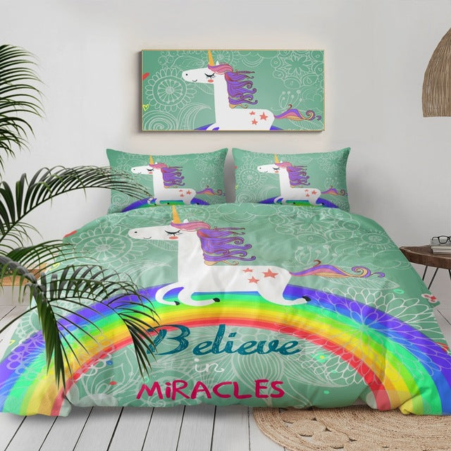 Housse de Couette dimension 140x200 couleur verte style Licorne arc en ciel