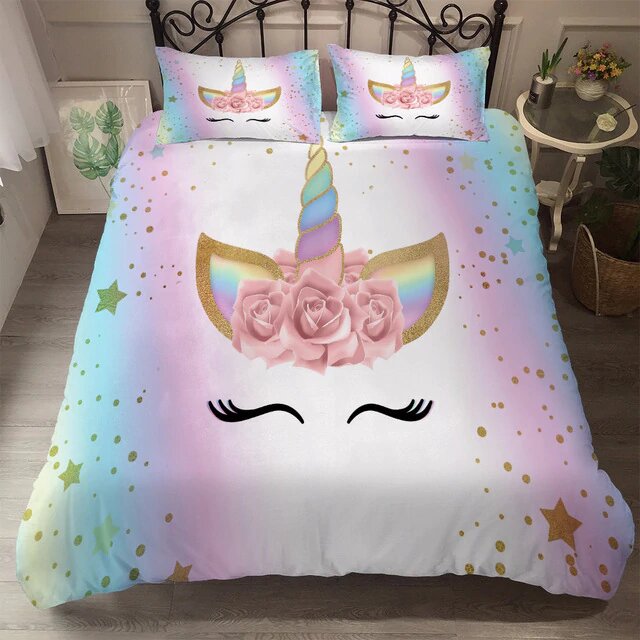 housse de couette dimension 140x200 avec un visage licorne