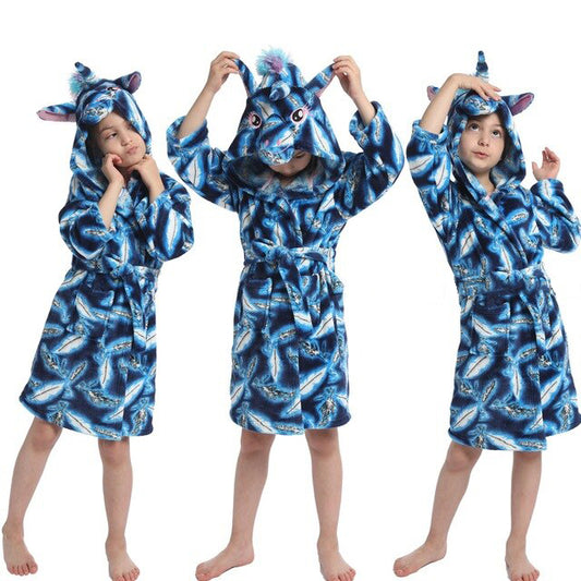 peignoir noir licorne motif plume bleu