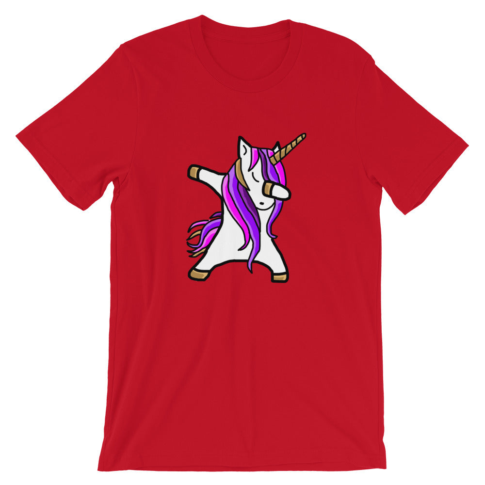 t shirt rouge licorne dab sur fond blanc