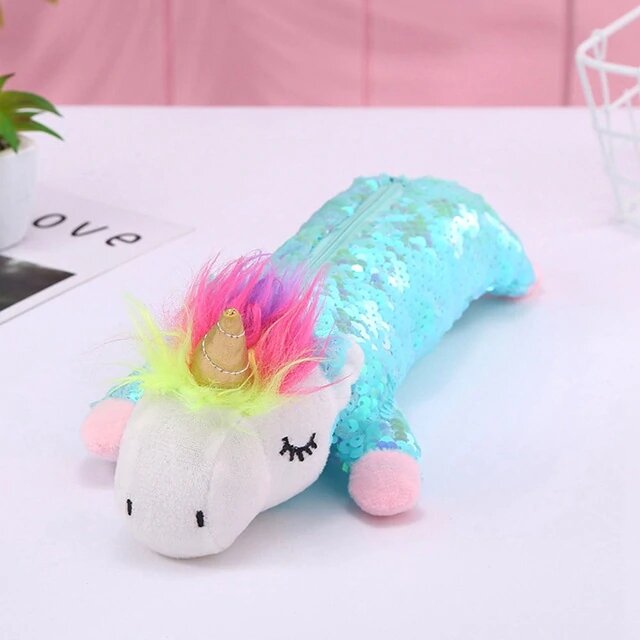 trousse paillettes licorne couleur bleu