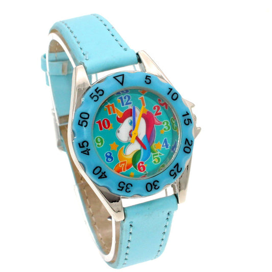 montre fillette bleu claire symbole licorne
