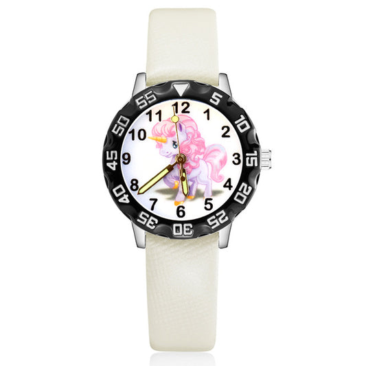 montre enfant motif licorne couleur noir et blanc